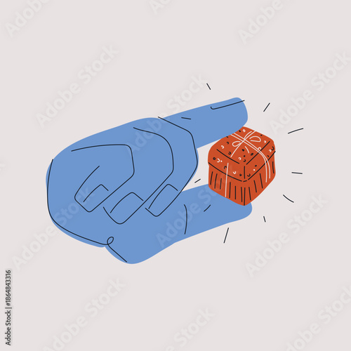 Cartoon vector illustration of a hand holding a small gift box, metaphor of attention, surprise, and meaningful gesture
