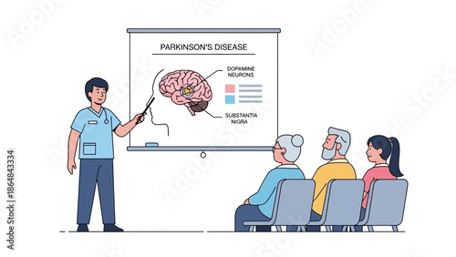 Medical professional explaining parkinson's disease to audience with brain diagram on screen with Parkinson s disease with neuroscience