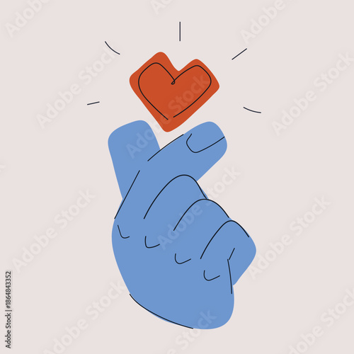 Cartoon vector illustration of a hand showing a heart sign, metaphor of love, care, and emotional connection