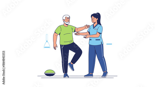 Physiotherapist assisting senior man with balance exercise using fitness ball in rehabilitation center with medical equipment with old