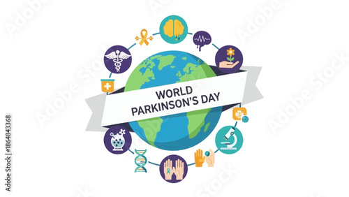 World parkinson's day awareness campaign with globe and medical icons, symbolizing global health and neurology with Parkinson s