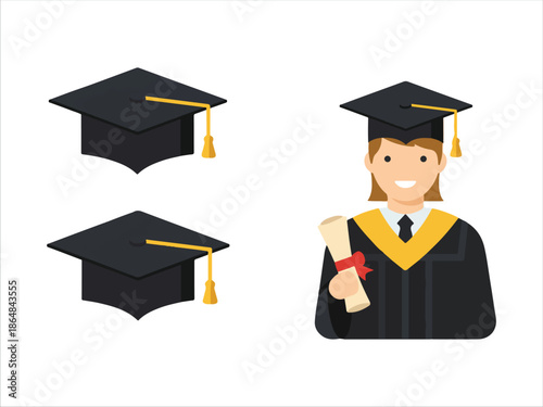 Graduation caps and student holding diploma in academic gown