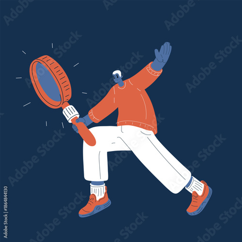 Cartoon vector illustration of a man flying with a giant magnifying glass, metaphor of investigation, discovery, and curiosity