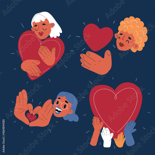 Cartoon vector illustration of women with hearts: one hugging a big heart, another holding a small heart in hands, another forming a heart sign with her hands, multiple hands holding a big heart, meta