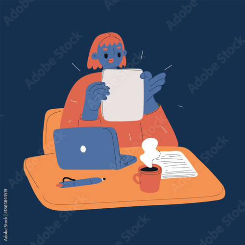 Cartoon vector illustration of a woman sitting at a desk holding a sheet of paper, with a laptop, coffee cup, and pen, metaphor of work, focus, and productivity