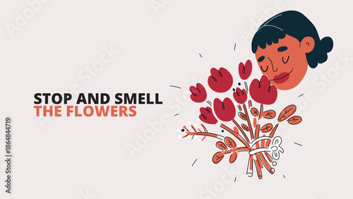 Cartoon vector illustration of a woman smelling a bouquet of flowers, metaphor of beauty, mindfulness, and enjoyment of life