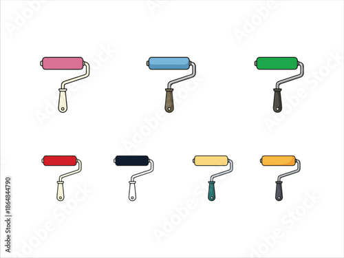 Set of Paint Roller Icons in Various Colors and Styles