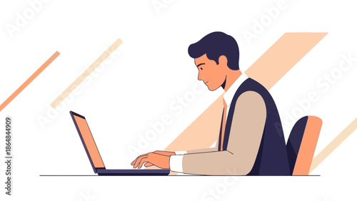 Businessman Focused on Work Using Laptop in a Modern Office Environment