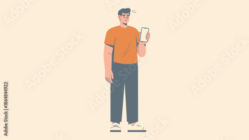 Modern young man casually standing and looking at his smartphone in a minimalistic illustration