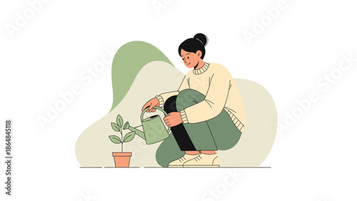 Young woman caring for a small plant with watering can in a minimalistic illustration