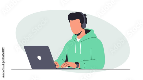Young man in headphones working on a laptop with a hoodie in a minimalistic style illustration