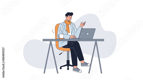 Modern young man working on laptop at desk with casual attire and coffee in a bright workspace