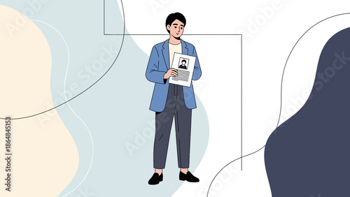 Professional woman holding identification document in a modern office setting with abstract shapes