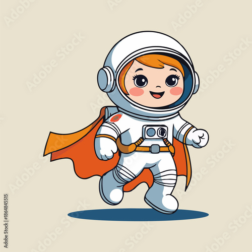 The adorable cartoon space traveler happily explores the vast universe during an exciting successful mission for science.