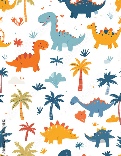 Colorful dinosaur pattern with palm trees