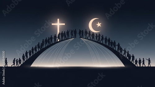 Diverse People Walking Towards Cross and Crescent Moon Symbols on Dome Shaped Structure at Night