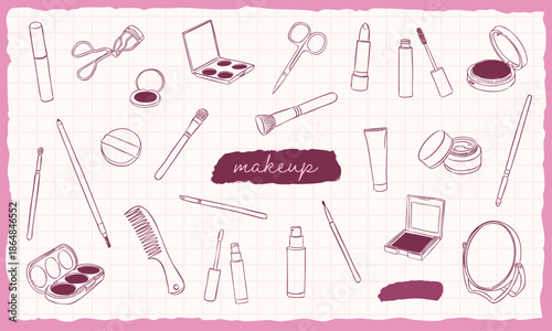 makeup cosmetic skincare doodle hand drawn vector illustration sketch collection set
