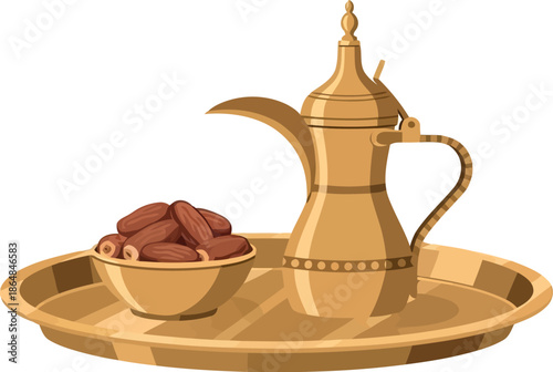 Ramadan Saudi Vector Clipart of Arabic Coffee Pot and Dates on Traditional Tray for Iftar Decor