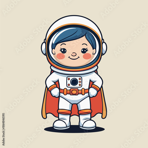 A brave little cartoon astronaut skillfully flies through the deep starry galaxy displaying amazing cosmic power for everyone.