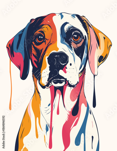 Colorful dog portrait with paint drips