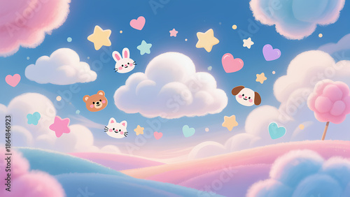 A pastel world of cute animals and fluffy clouds　可愛い動物たちとふわふわ雲のパステルワールド