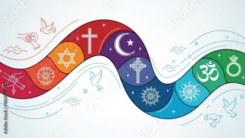 Religious Symbols of Major World Faiths in Harmony on Rainbow Ribbon