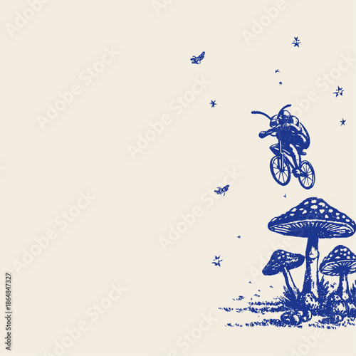 Whimsical Illustration of a Bee Riding a Bicycle Among Mushrooms