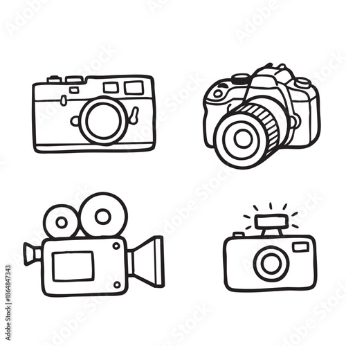 Hand Drawn Vintage Cameras and Video Recorder Doodle