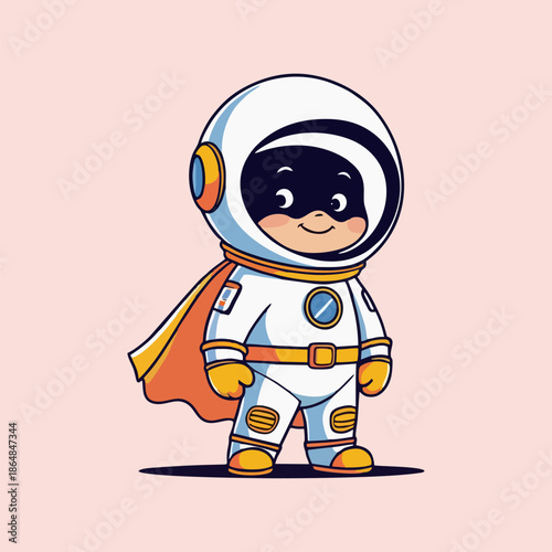 The small brave cartoon astronaut superhero is prepared for dangerous interstellar space exploration missions aboard the vessel.