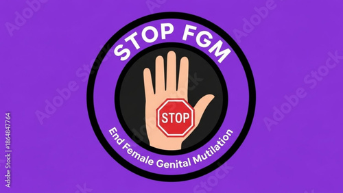 Stop FGM Hand Sign on Purple Background Page End Female Genital Mutilation Awareness