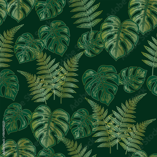 Seamless pattern with hand drawn tropical fern leaves