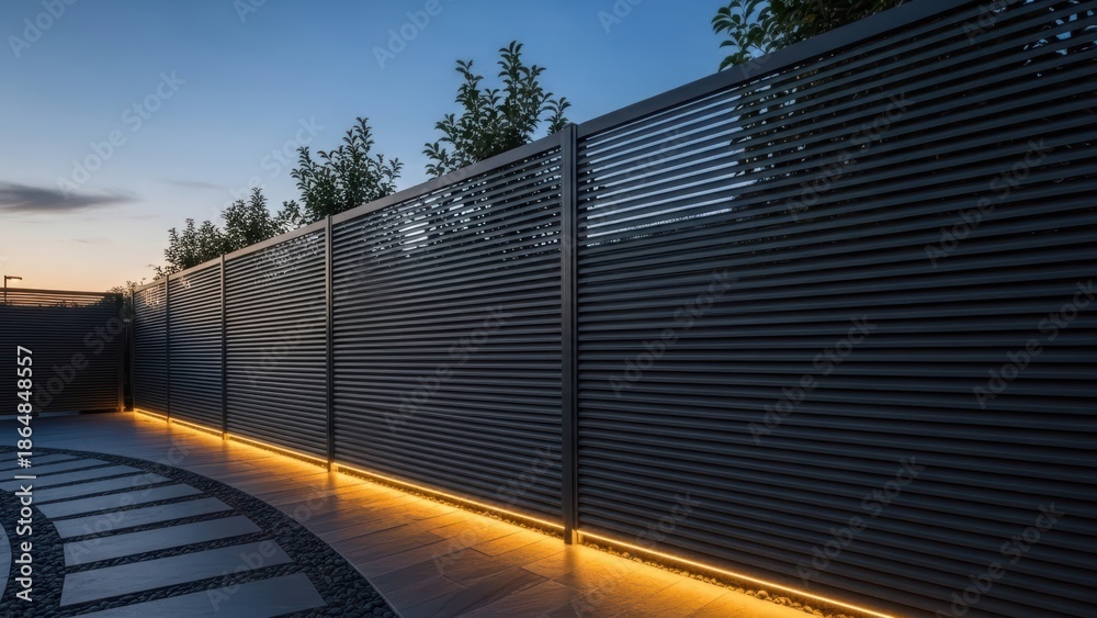 Fototapeta premium Modern dark louvered fence with warm LED strip lighting at base next to a curved stone pathway during twilight for outdoor design element.