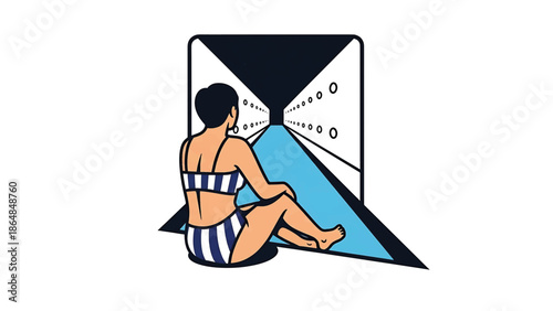 A woman in a striped bikini sits, gazing towards a stylized, tunnel-like opening with a blue path, representing travel