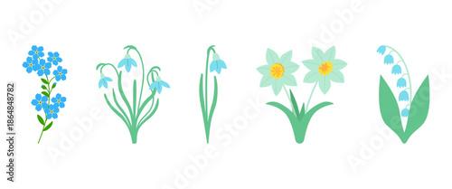 Spring flowers set isolated on a white background. Lily of the valley, narcissus, snowdrops and forget me not on a flat style.