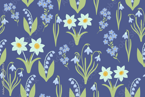 Spring flowers isolated on a blue background. Seamless pattern under clipping mask, convenient for editing. Lily of the valley, narcissus, snowdrops and forget me not on a flat style. 