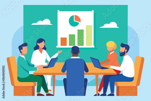 Business people sitting around a conference table discussing data and charts