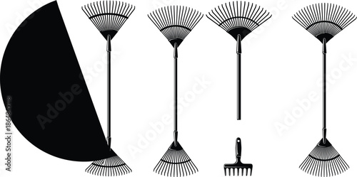 Set of black garden rake silhouettes, lawn leaf raking tool icons, yard maintenance vector illustrations for autumn landscaping, gardening equipment, and outdoor work.