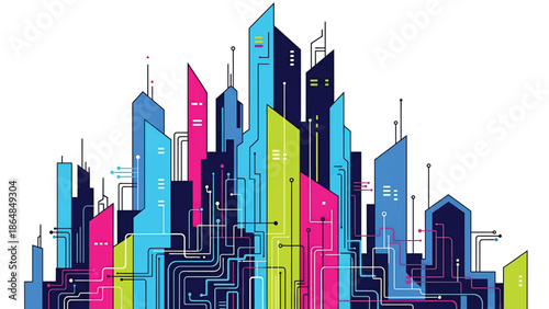 A vibrant, geometric illustration of a cityscape. Buildings in pink, blue, and green are connected by a web of circuitry