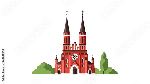 A vibrant, geometric illustration of a cathedral with twin spires, stained glass, and a red exterior. Green foliage accents flank the structure