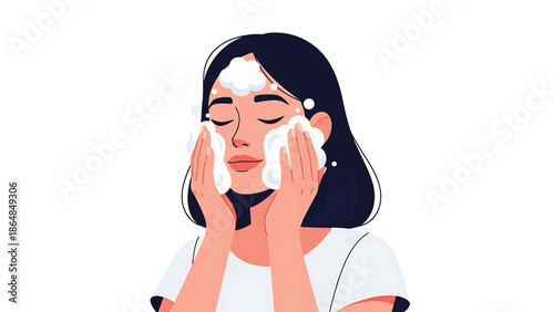 A woman in a white t-shirt gently washes her face with foamy soap, eyes closed, hands holding the foam