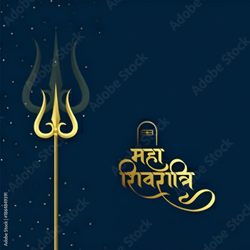 Maha shivaratri elegant golden trishul with shivling symbol and hindi calligraphy on dark blue background for spiritual devotion greeting and religious celebration design