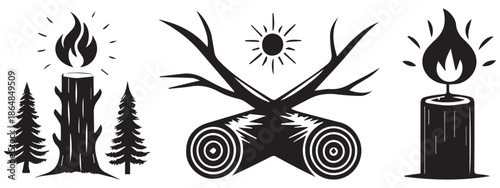 Campfire and Nature Icons – Bonfire, Wood Logs, and Outdoor Forest Design .