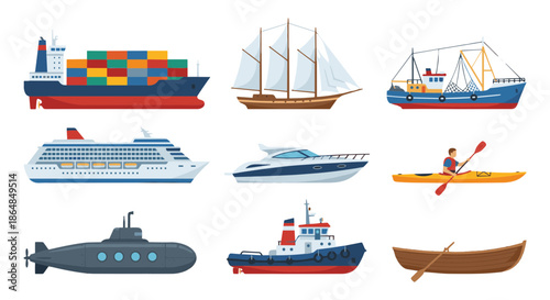 A diverse collection of maritime vessels and watercraft, showcasing transportation on the sea and rivers