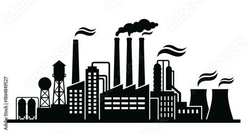 Industrial manufacturing plant with smokestacks emitting smoke, representing production and factory work
