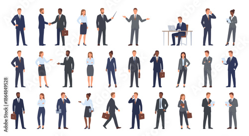 A comprehensive vector illustration set of diverse business professionals, men and women, in various poses for corporate and office-themed graphic design projects