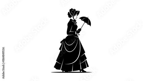 A Victorian woman silhouette in black, holding an umbrella, wearing a large skirt and bonnet, and gloves. Classic design