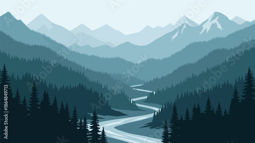 Panoramic vector landscape wallpaper featuring layered mountains, winding river, pine forests, and open sky in modern flat style, ideal for nature backgrounds, travel wallpapers, and screens