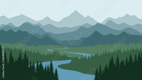 Panoramic vector landscape wallpaper featuring layered mountains, winding river, pine forests, and open sky in modern flat style, ideal for nature backgrounds, travel wallpapers, and screens