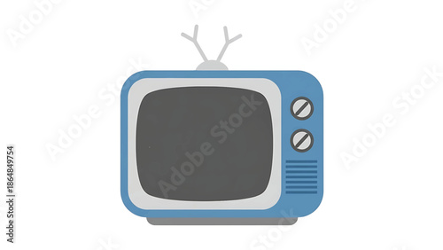 A vintage television illustration, depicted in a flat style, featuring a blue frame, gray screen with a static effect, and antenna. It rests on a small gray base