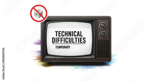 A vintage television displays "Technical Difficulties," indicating a temporary interruption, accompanied by a symbol. A colorful splash appears near the TV